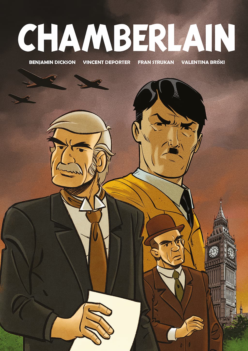 Chamberlain - Neville Chamberlain has light grey hair and a moustache, is dressed a suit and shirt with an old-fashioned looking collar, and stands in the foreground with a piece of paper in his hand. Behind him looms a large likeness of Hitler, glaring sternly straight at the viewer. Also in the background are several bomber aircraft, the Elizabeth Tower (or Big Ben) of the Houses of Parliament, and Lord Halifax in a brown suit and bowler hat.